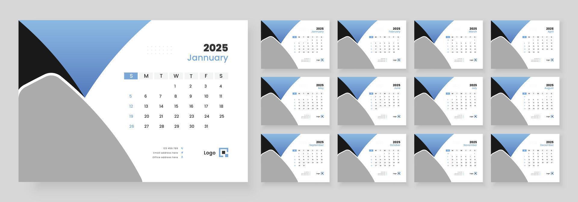 Desk calendar template 2025, new year 2025 table calendar, week starts on sunday. vector
