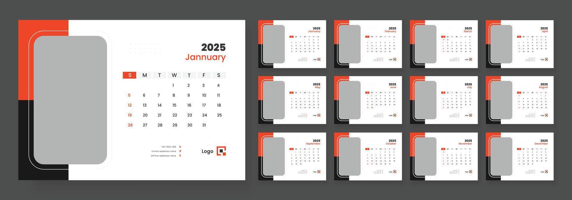 Desk calendar template 2025, corporate desk calendar schedule 2025 monthly planner template, week starts on sunday. vector