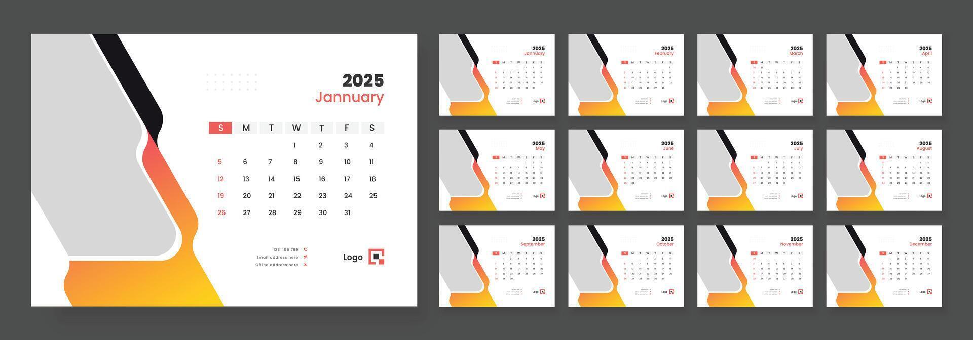 Desk Calendar 2025 template design, Week start on Sunday, Office