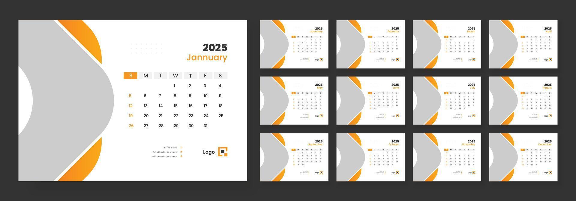 Desk calendar template 2025, corporate desk calendar schedule 2025 monthly planner template, week starts on sunday. vector