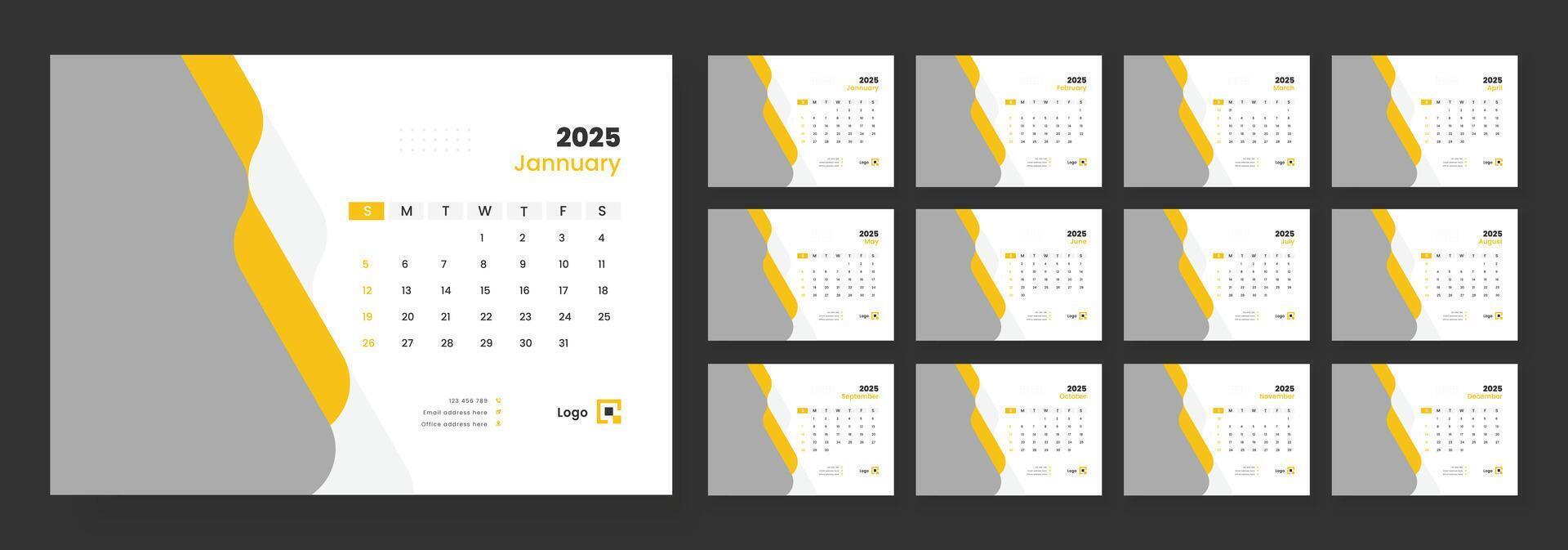 escritorio calendario 2025 modelo diseño, semana comienzo en domingo, oficina calendario 2025