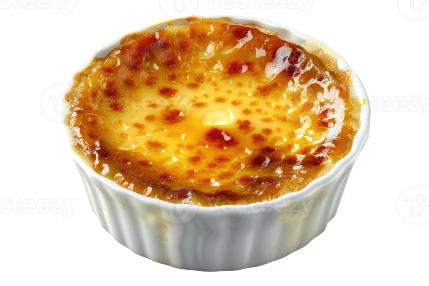 Creme brulee in white ceramic bowl isolated on transparent background. png