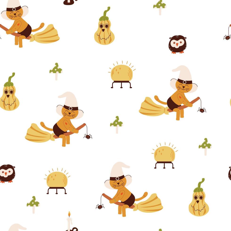 Halloween seamless design with cat on broom, owl, pumpkin, mushroom. illustration, set, set of elements vector