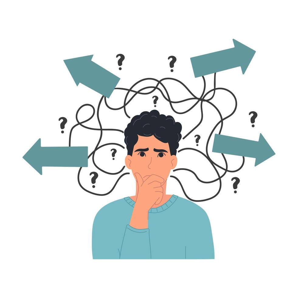 Choice concept. A person doubts the choice of path, method, decision-making, thinking about a problem. Illustration of arrow directions. Choice dilemma. vector