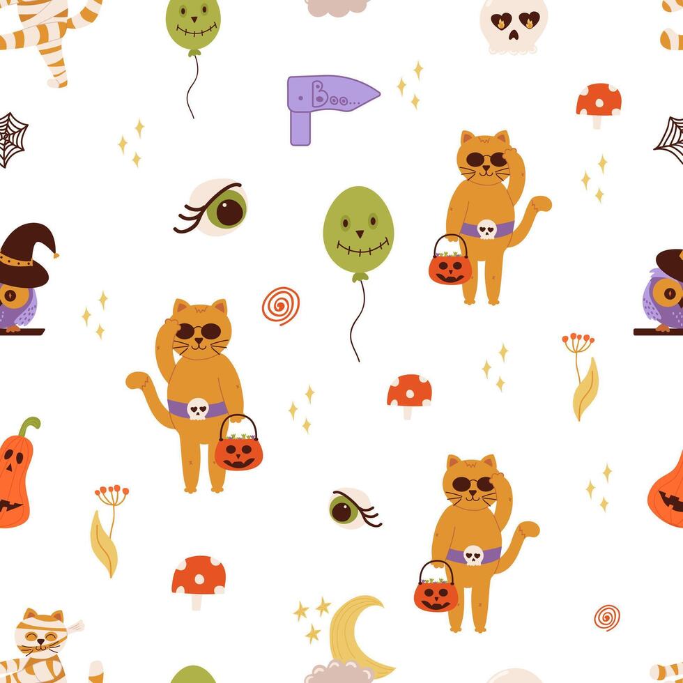 Halloween cartoon witchcraft seamless pattern. Balloon, pumpkin, owl, cat, eye vector