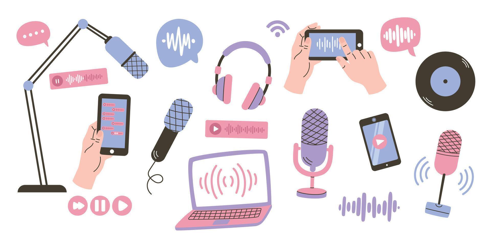 Set of illustrations of podcast, radio station, online radio. Trendy podcast elements set. flat cartoon illustration vector