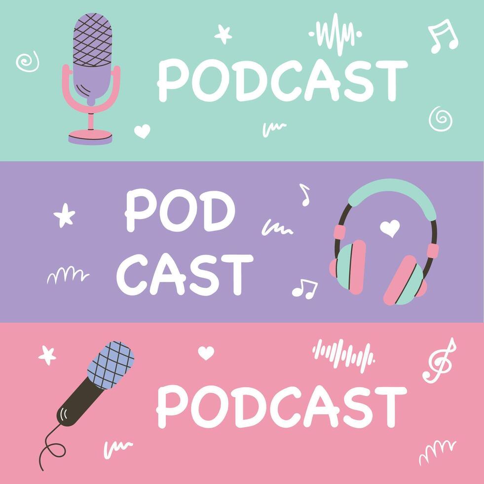 Podcast set. Flat style illustration. Design elements for poster, card, banner, flyer. vector