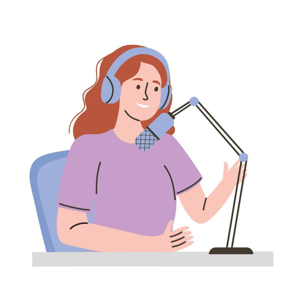 illustration of a woman in headphones and microphone. Podcast. Flat style. vector