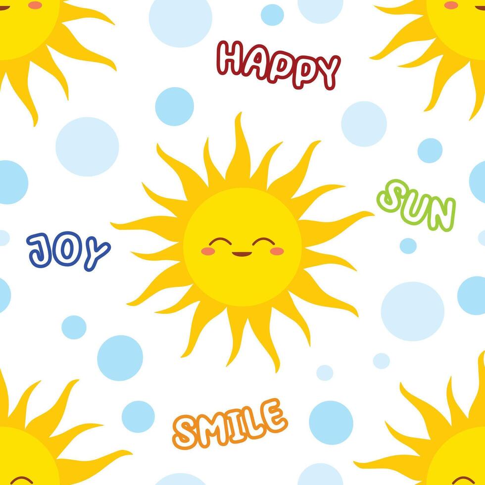 The seamless pattern features a playful and cheerful pattern of smiling suns with various words and blue circles scattered around. vector