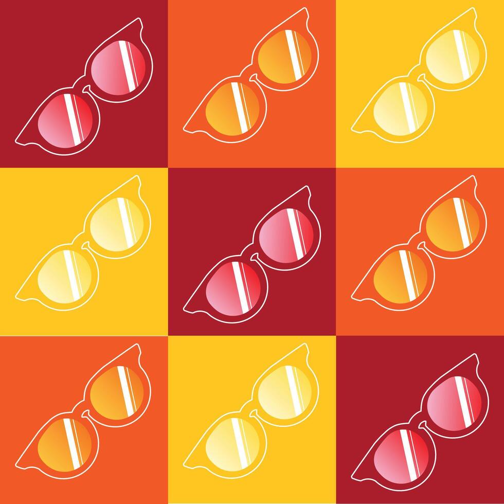 A vibrant pattern featuring multiple sets of sunglasses in various shades of red, orange, and yellow. The repeating design elements create a lively and dynamic composition. vector