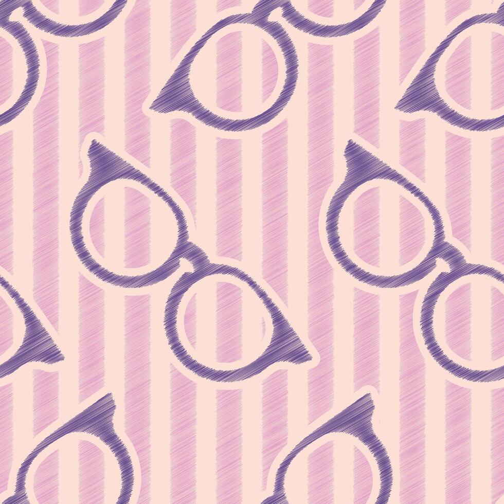 Seamless pattern featuring stylized glasses frames on a pink and purple striped background. The repetitive design offers a playful and trendy aesthetic vector