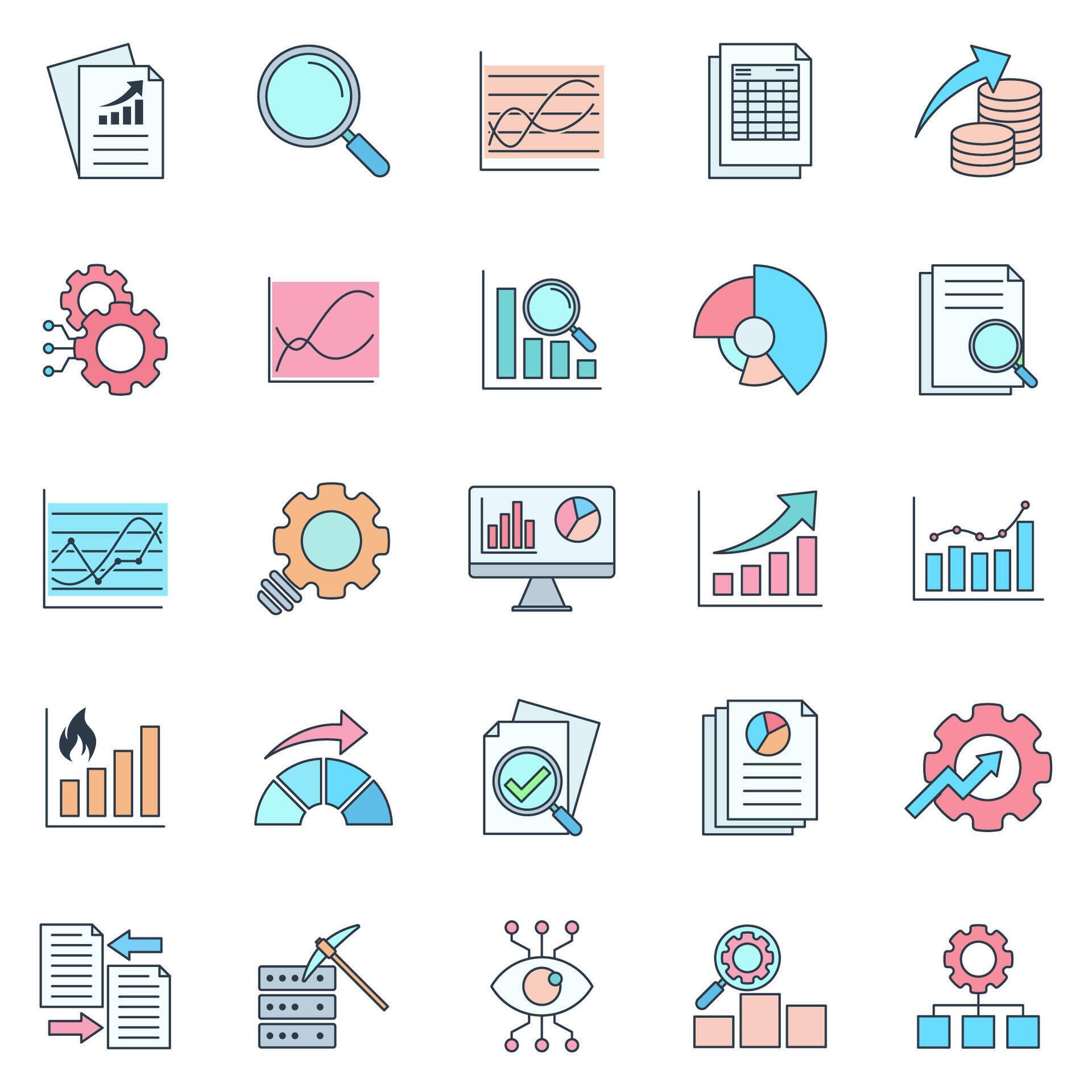 analysis icons set, Included icons as Big data, flow chart, Data report ...