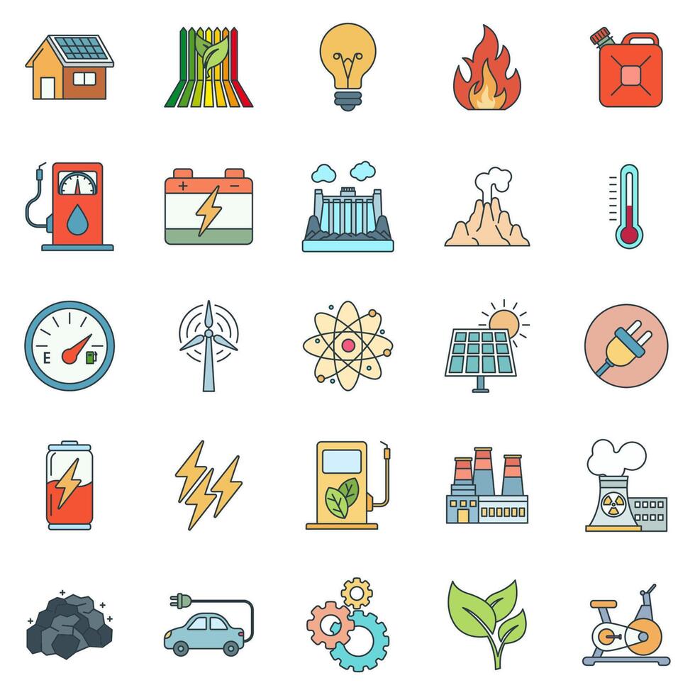 Energy icons set, Included icons as Atom, Battery, Wind Turbine, Light Bulb and more symbols collection, logo isolated illustration vector