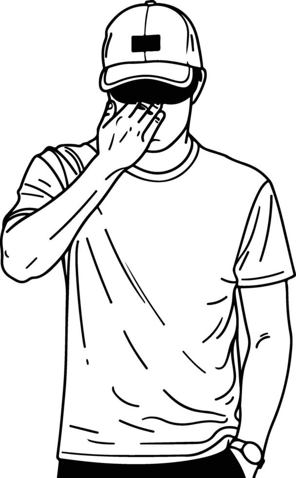 Man in Cap Covering Face. vector