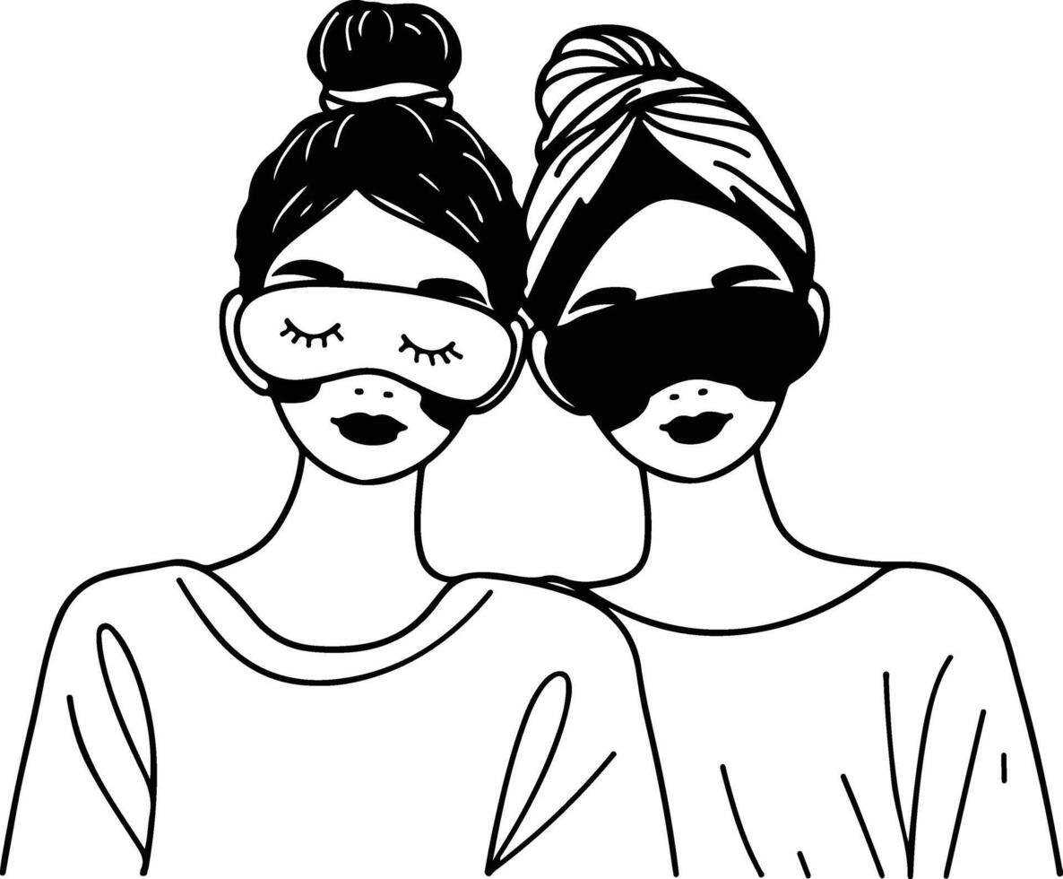 Two Friends Wearing Sleep Masks. vector