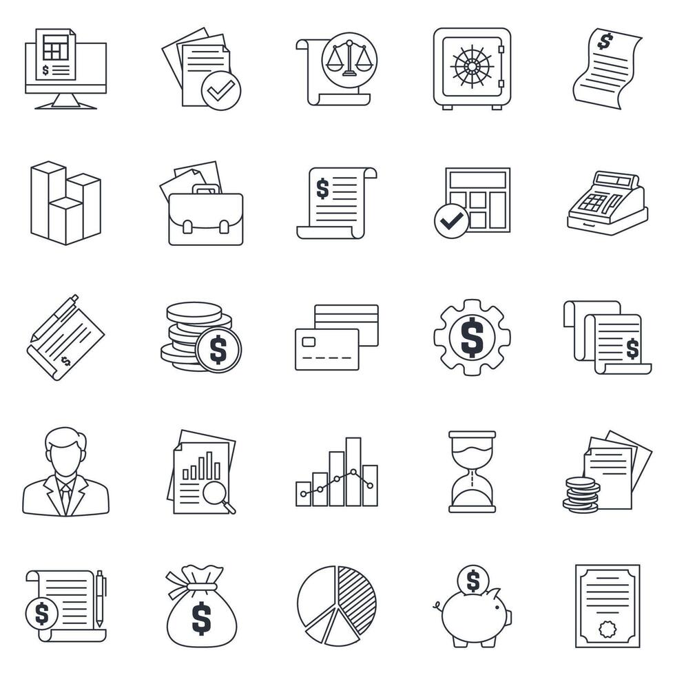 accounting icons set, Included icons as bank Safe, Credit card, Graph, Financial report and more symbols collection, logo isolated illustration vector