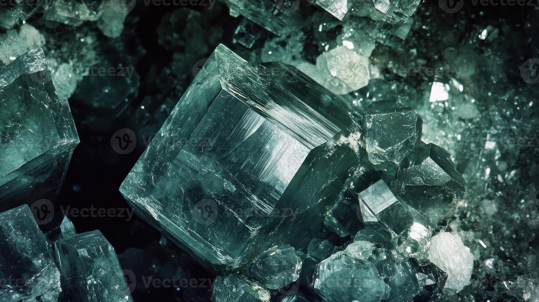 Close up shot detailed aquamarine crystal mineral stone. shiny surface of precious stone mineral crystals in the natural environment photo