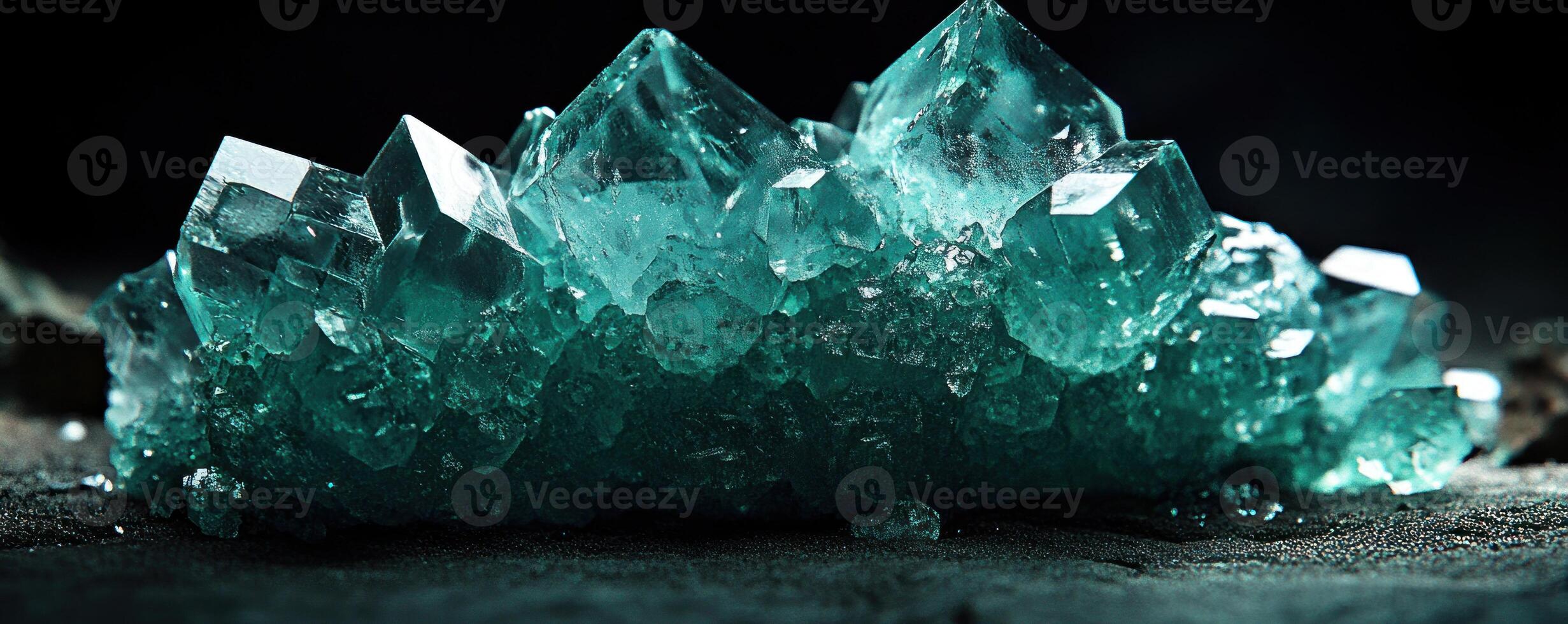 Close up shot detailed aquamarine crystal mineral stone. shiny surface of precious stone mineral crystals in the natural environment photo