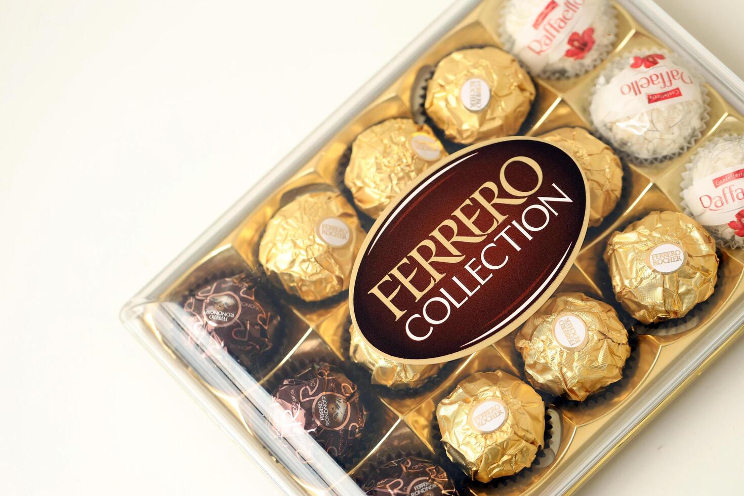 KYIV, UKRAINE - APRIL 20, 2024 Ferrero collection chocolate products. Ferrero Rocher is chocolate confectionery produced by Italian chocolatier which was founded in 1946 photo