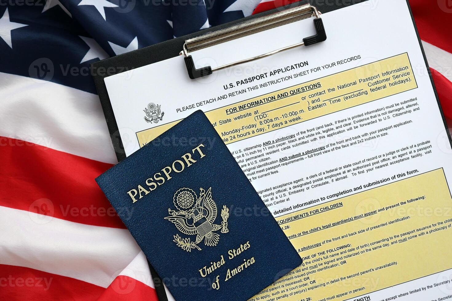 Department of State form DS11 Application for a U.S. Passport lies on table and ready to fill photo