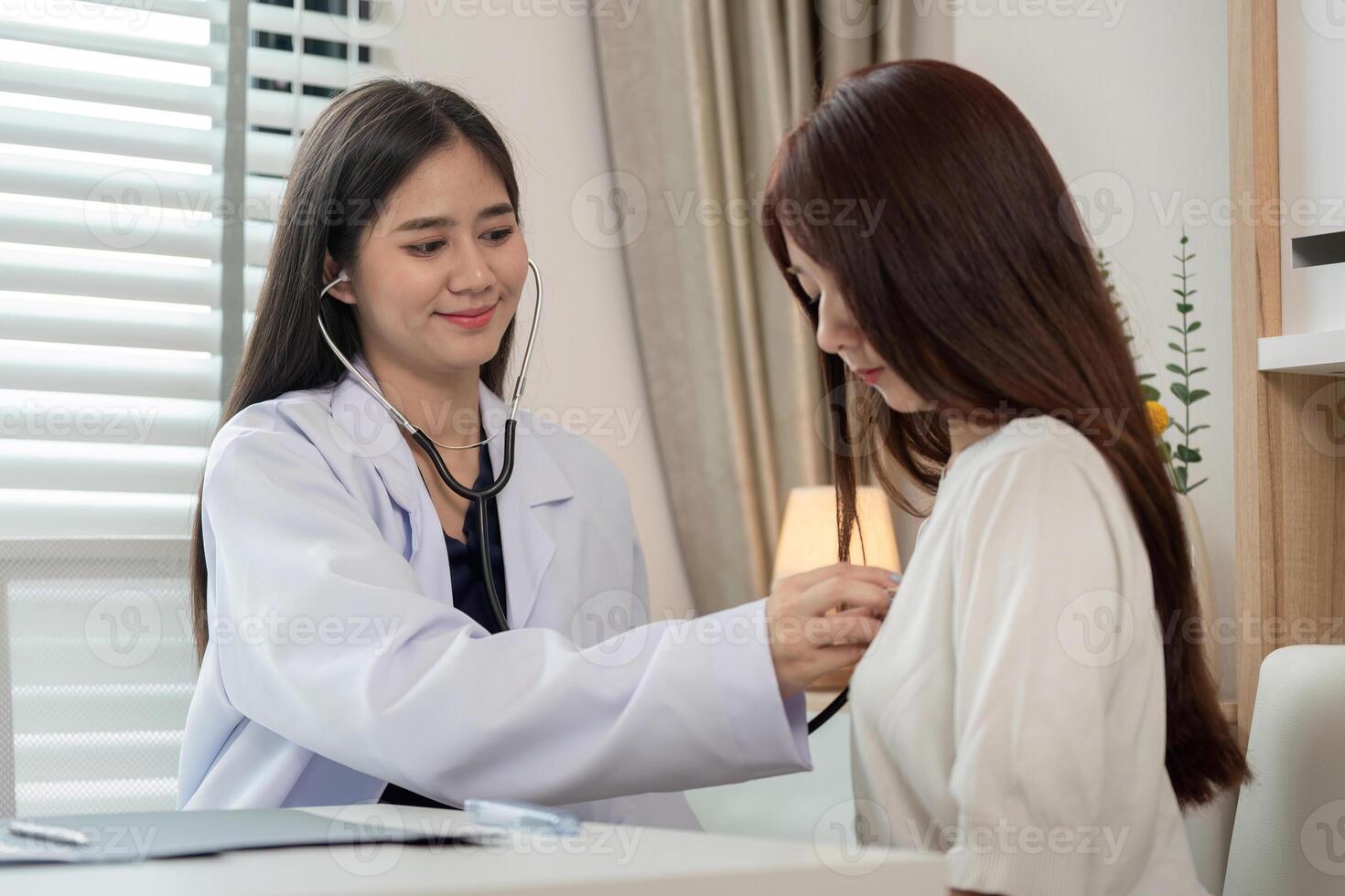 Female Doctor Examining Patient with Stethoscope in Modern Clinic Setting for Health Checkup and Medical Consultation photo