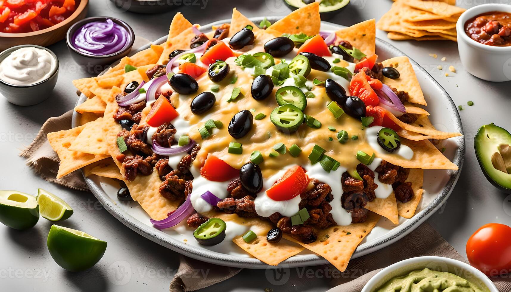 A plate of delicious tortilla nachos with melted cheese sauce, ground beef, jalapeno peppers, red onion, green onions, tomato, black olives, salsa, and sour cream with guacamole dip photo