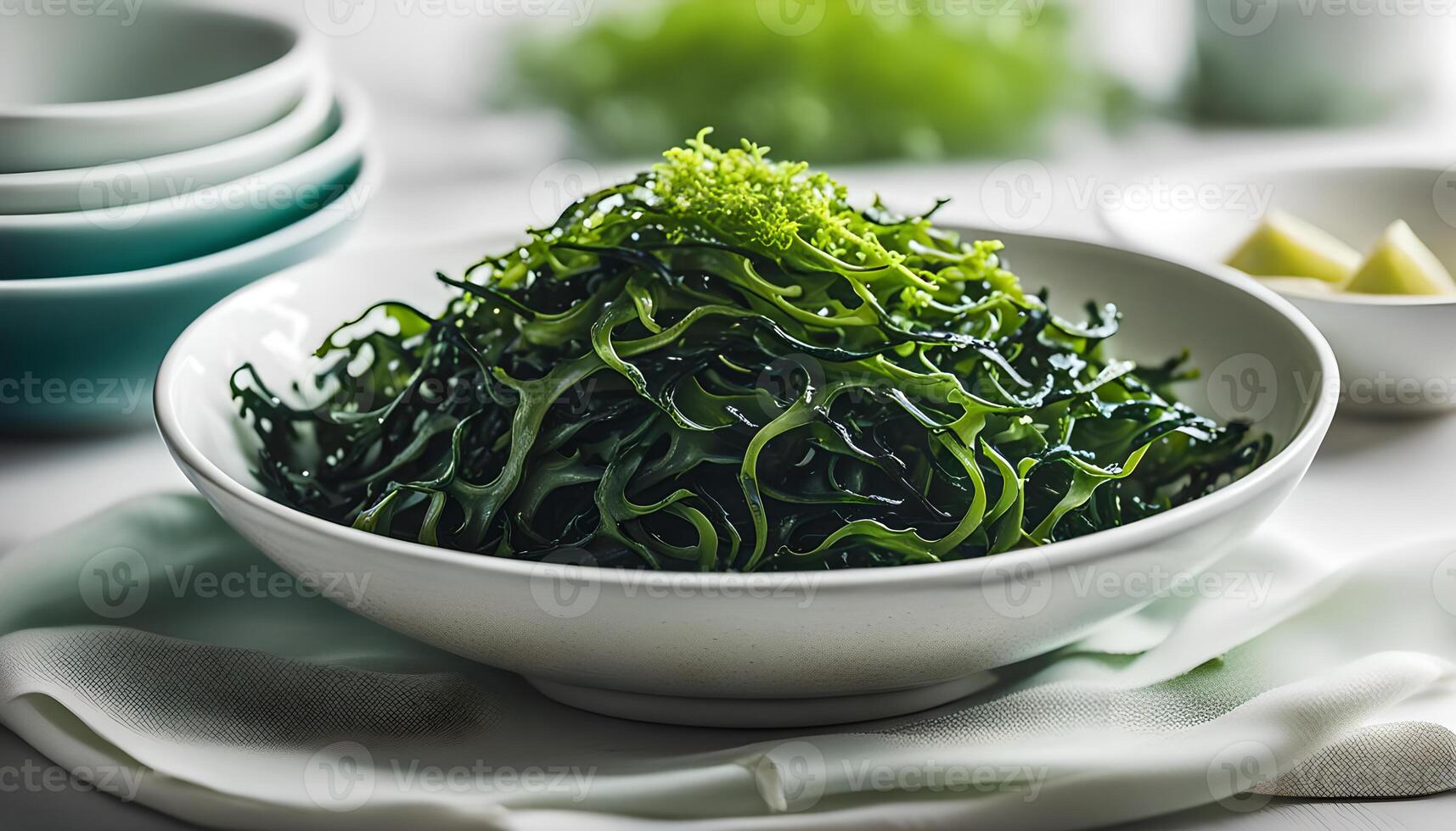 Green wakame. Seaweed salad in bowl on white table. photo