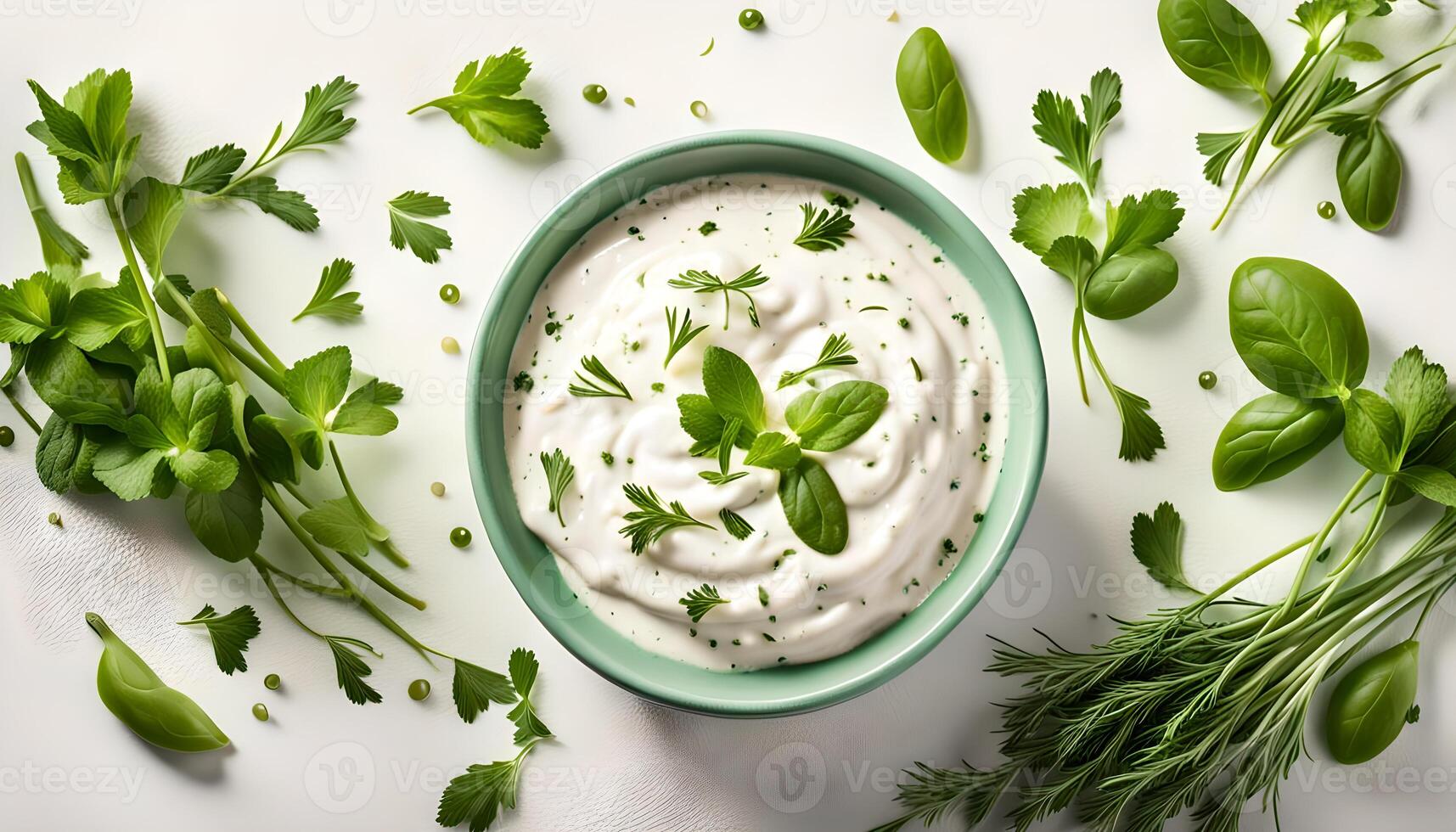 Green ceramic bowl of sour cream dip sauce with fresh herbs isolated on white background, top view photo