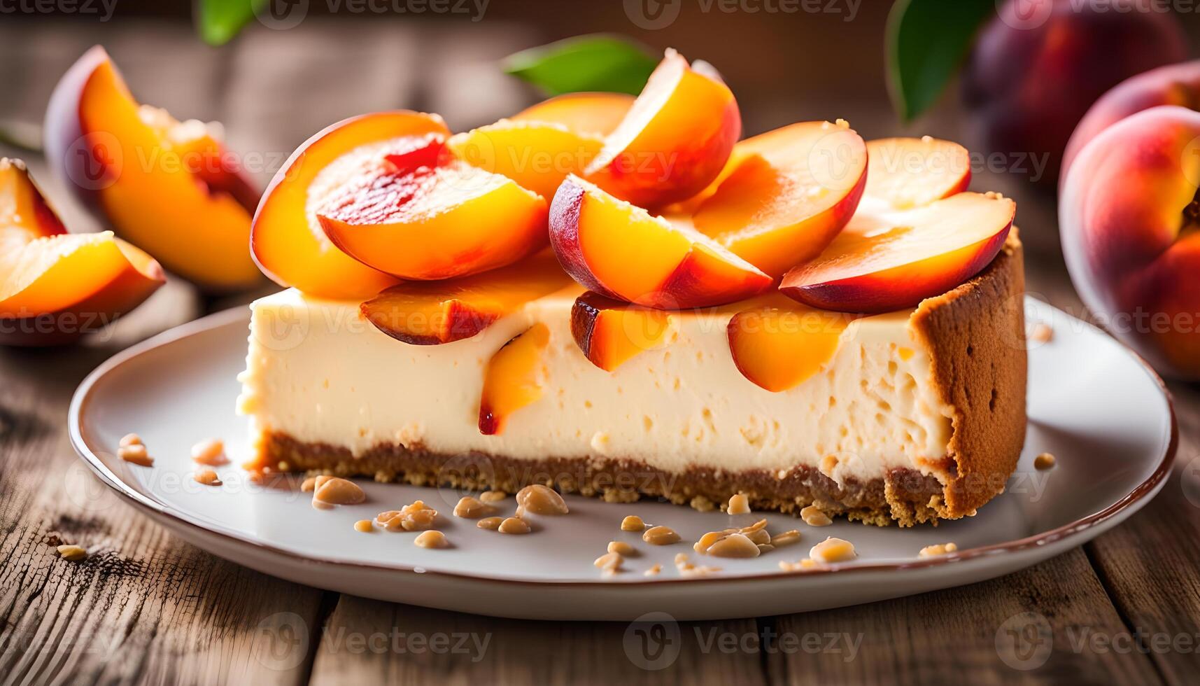 Cheesecake with peaches , Selective focus photo