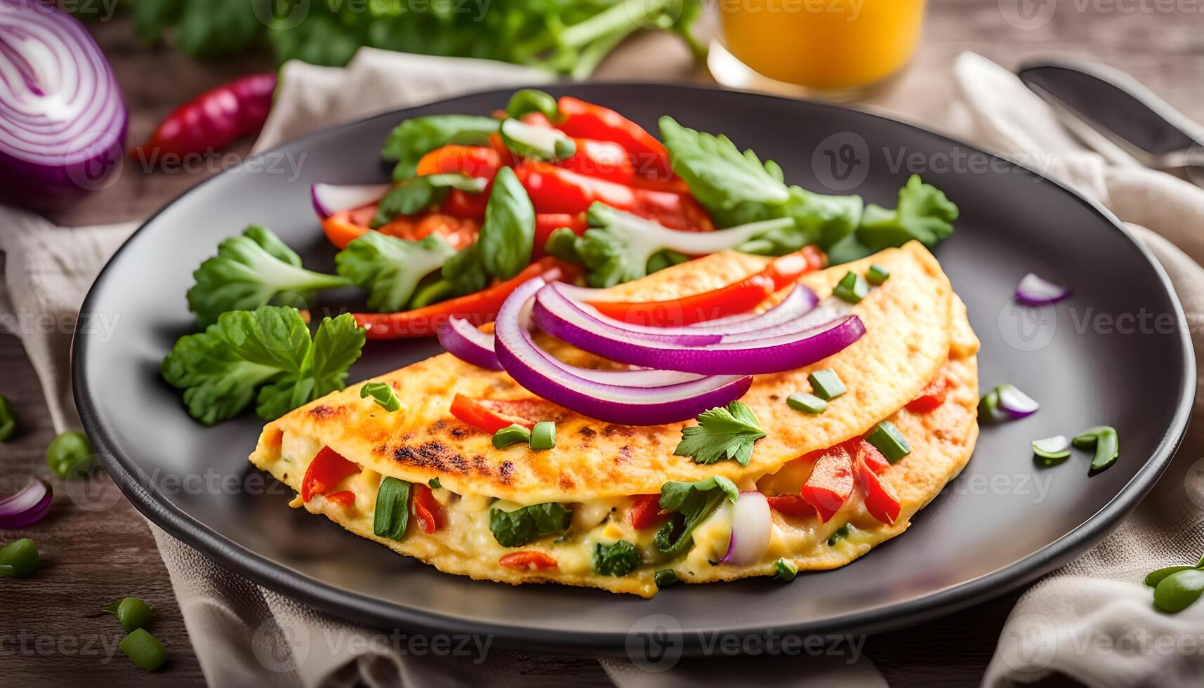 Omelette or omelet with vegetables, fried with red onions and bell peppers. Healthy and low carb breakfast or lunch photo