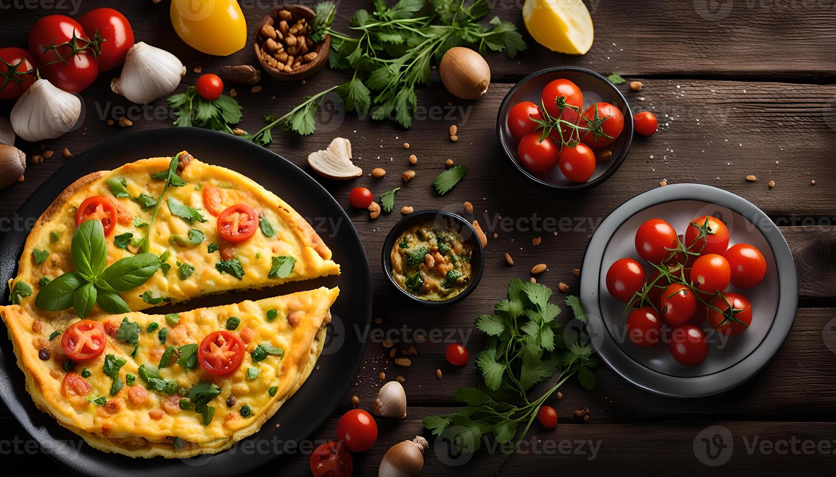 Mediterranean omelet or omelette on rustic and dark wooden table background photo