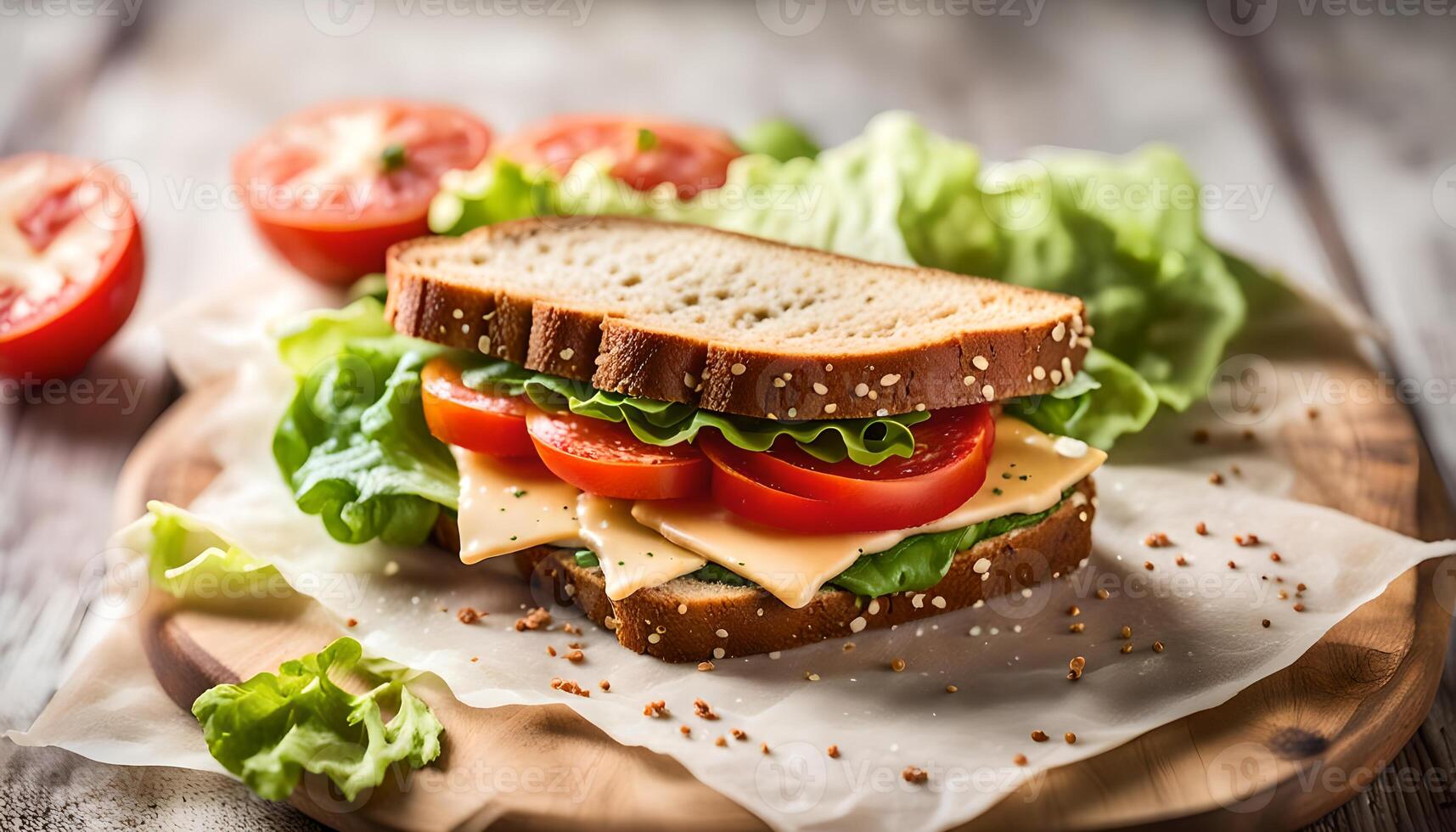 whole grain bread sandwich topped with fresh tomato sliced and cheese, side view photo