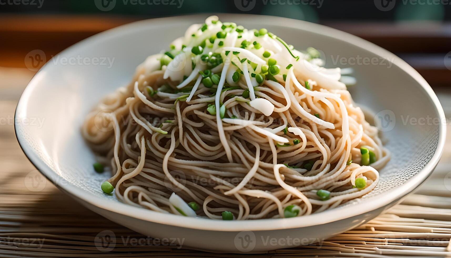 soba noodles, zaru soba, in white bowl photo