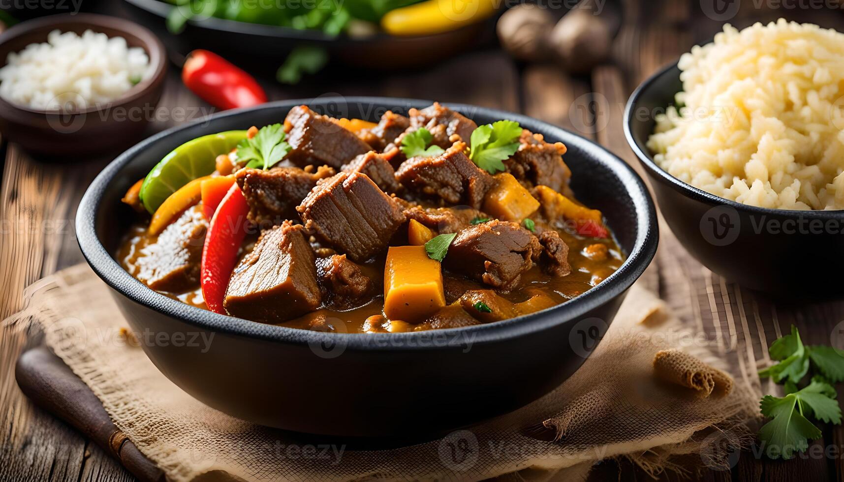 traditional Jamaican Curry Goat slow cooked Jamaican goat meat and vegetables spicy Curry in a black bowl on a rustic wooden table, close-up photo