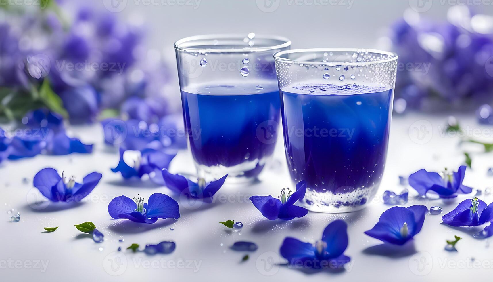 fresh butterfly pea flowers and juice on white background, side view photo