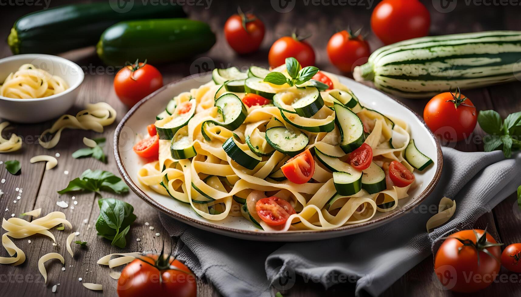 Pasta tagliatelle with zucchini and tomatoes photo