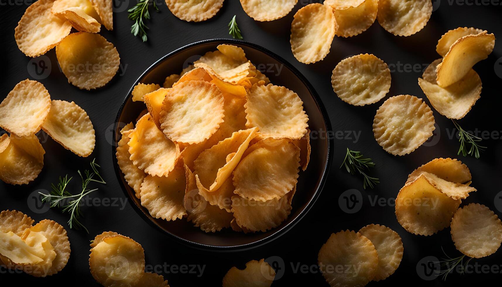 Ruffled Cheese Potato Chips in a Bowl on a black background, top view. Flat lay, overhead, from above. Space for text. photo