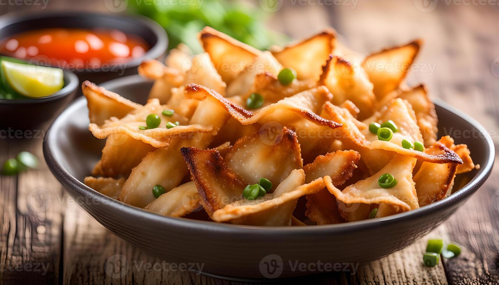 Homemade Fried Wonton Strips in a Bowl photo