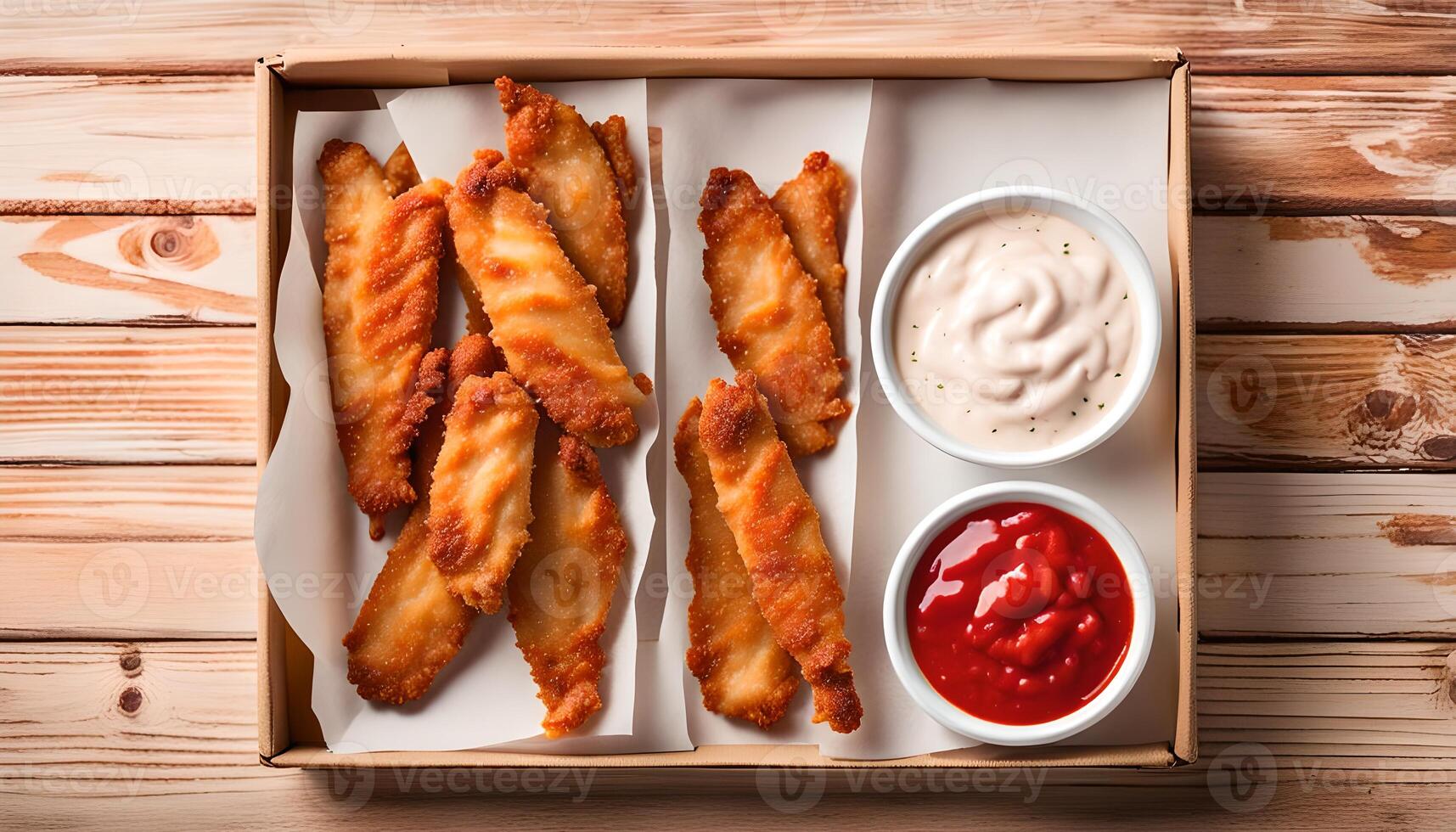 Chicken strips in paper box with sauce on a white wooden background, overhead view. Flat lay, from above, top view photo