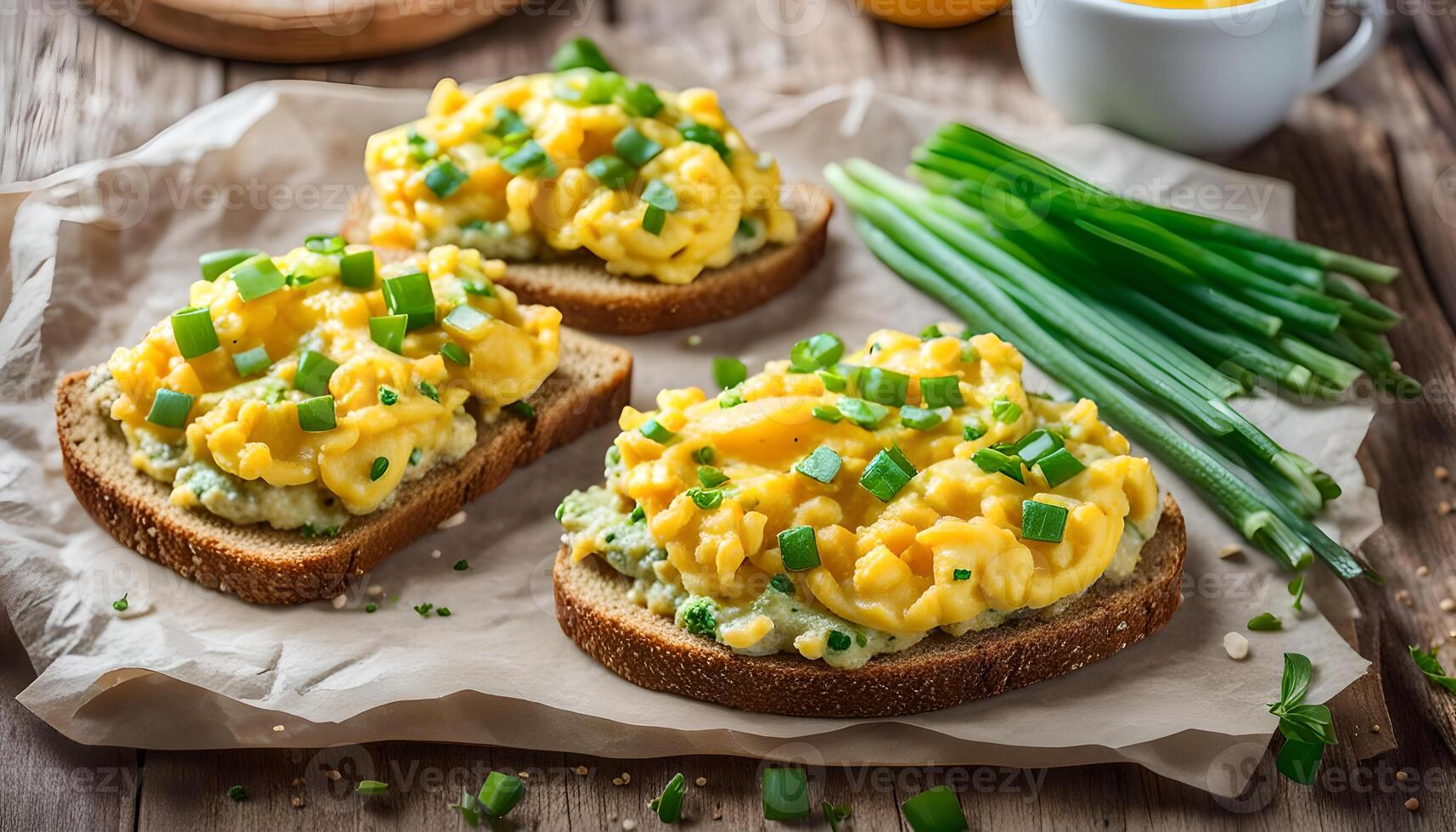 Scrambled eggs with green onion on wheat rye wholemeal crispy bread, homemade, healthy breakfast or brunch. Homemade meal, banner photo