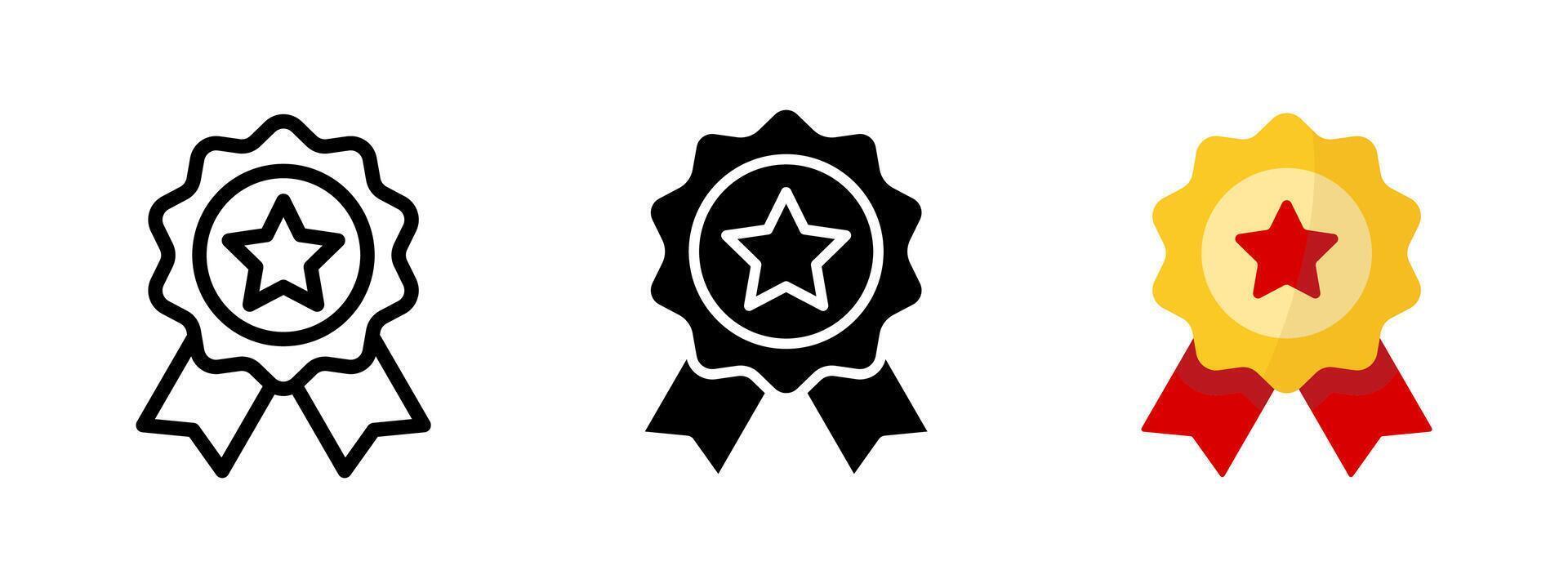 Winner award icon. Gold medal with red star and ribbon illustration. Quality certificate symbol. Victory reward sign. Competition trophy emblem. Guarantee label. Champion prize. vector
