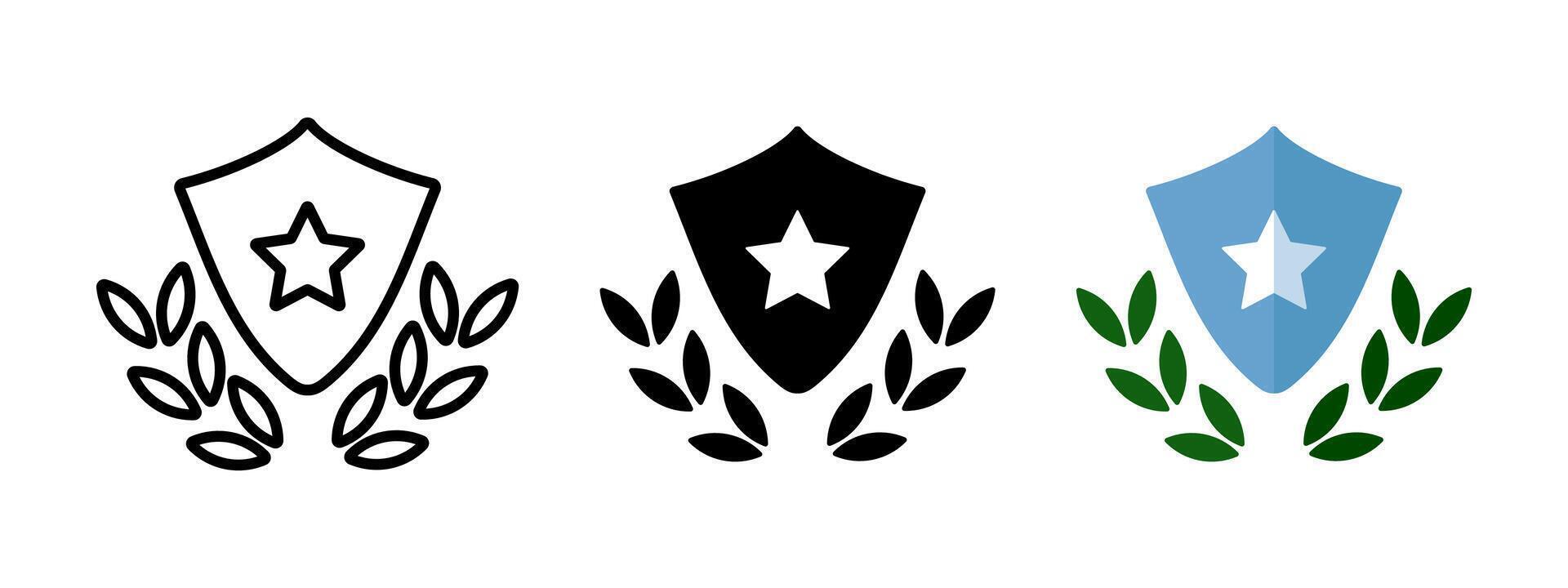 Shield with star and laurel wreath icon. Protection and security symbol. Heraldic warranty and guarantee badge. Insignia with laurel chaplet illustration. Shield with star and leaves. vector