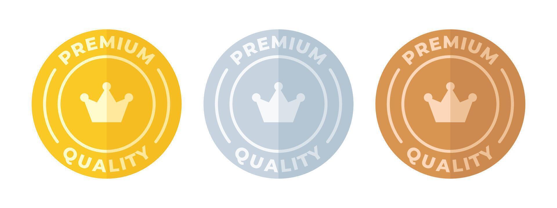Premium quality medal collection. Gold, silver and bronze premium quality label illustration set. Golden crown with colored background luxury seal. Best product guarantee certificate. vector