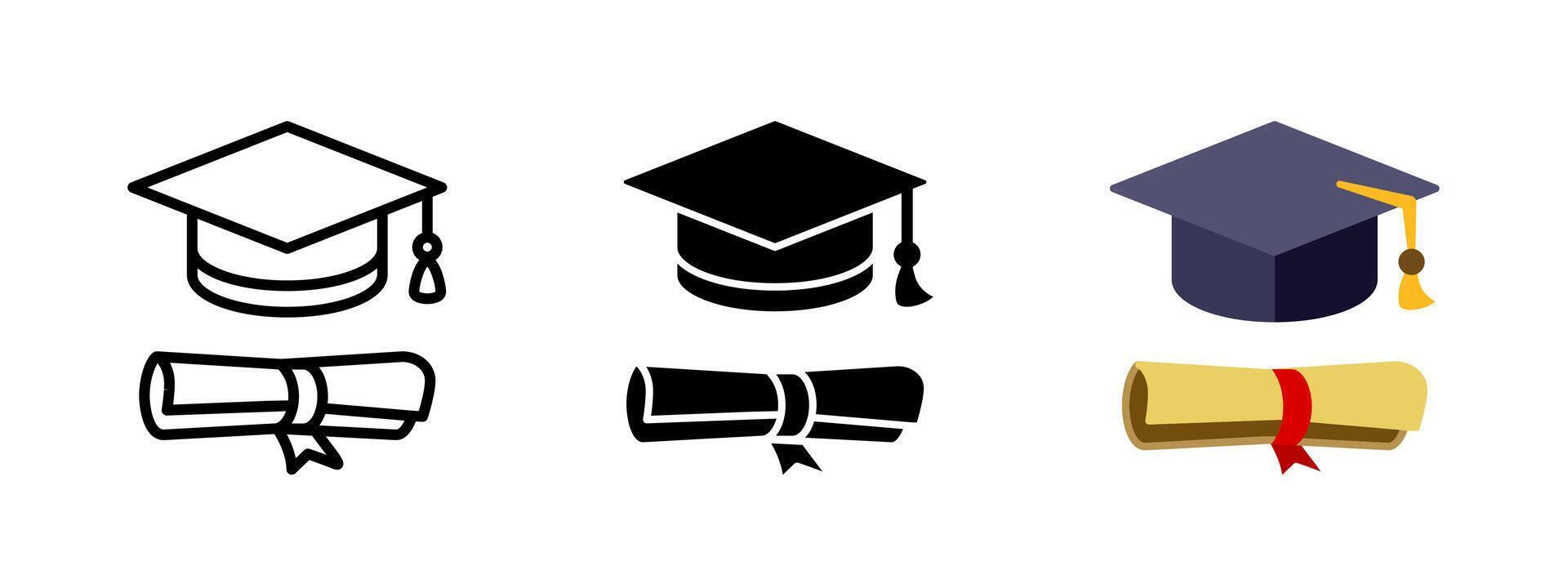 Graduation hat with diploma icon set. Student hat with academic degree certificate illustration. College, school and university graduation ceremony concept. vector