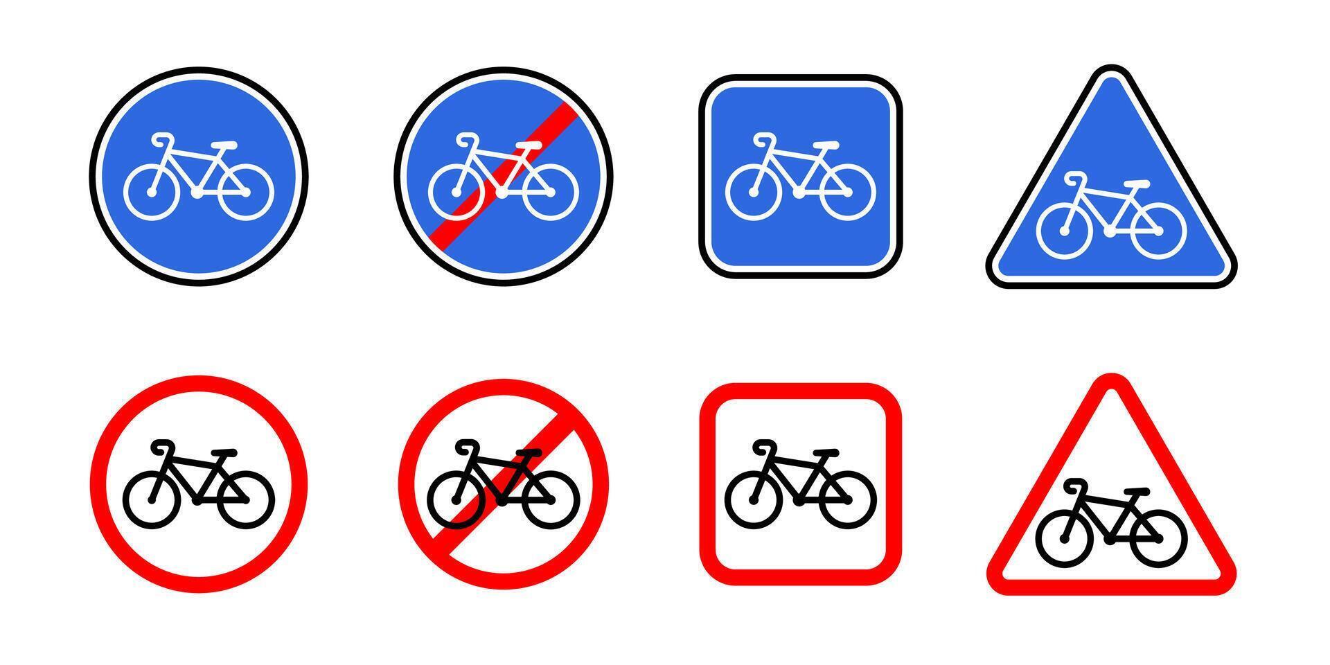 Bicycle road sign icon set. Bike path symbol collection. Red prohibited bicycle warning illustration. Street traffic regulation pictogram. Crossed caution road sign with bicycle. vector