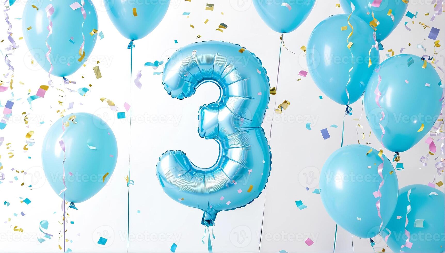A festive celebration of the third birthday with balloons and confetti in blue pastel tones, an inflatable balloon with the number 3 on a white background. photo