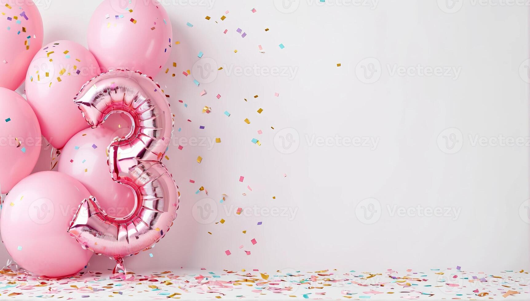 A festive celebration of the third birthday with balloons and confetti in pink pastel tones, an inflatable balloon with the number 3 on a white background. Banner with copy space. photo