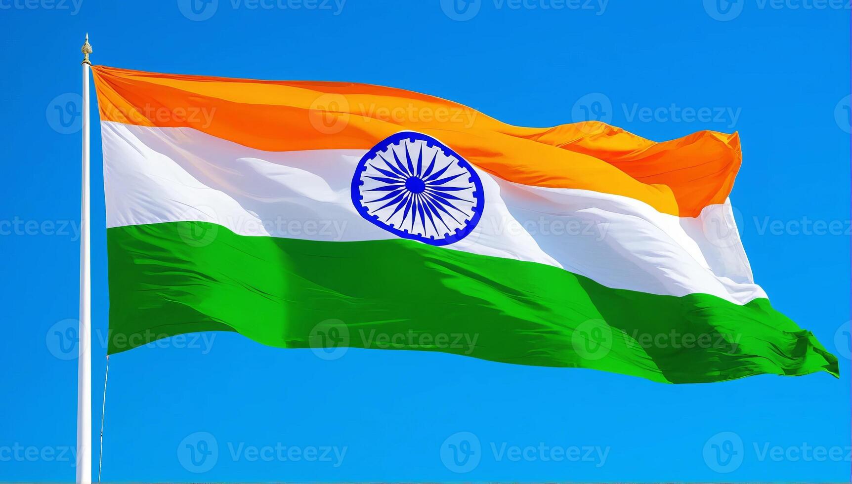 The majestic national flag of India flutters against the clear sky. Indian Independence Day. photo