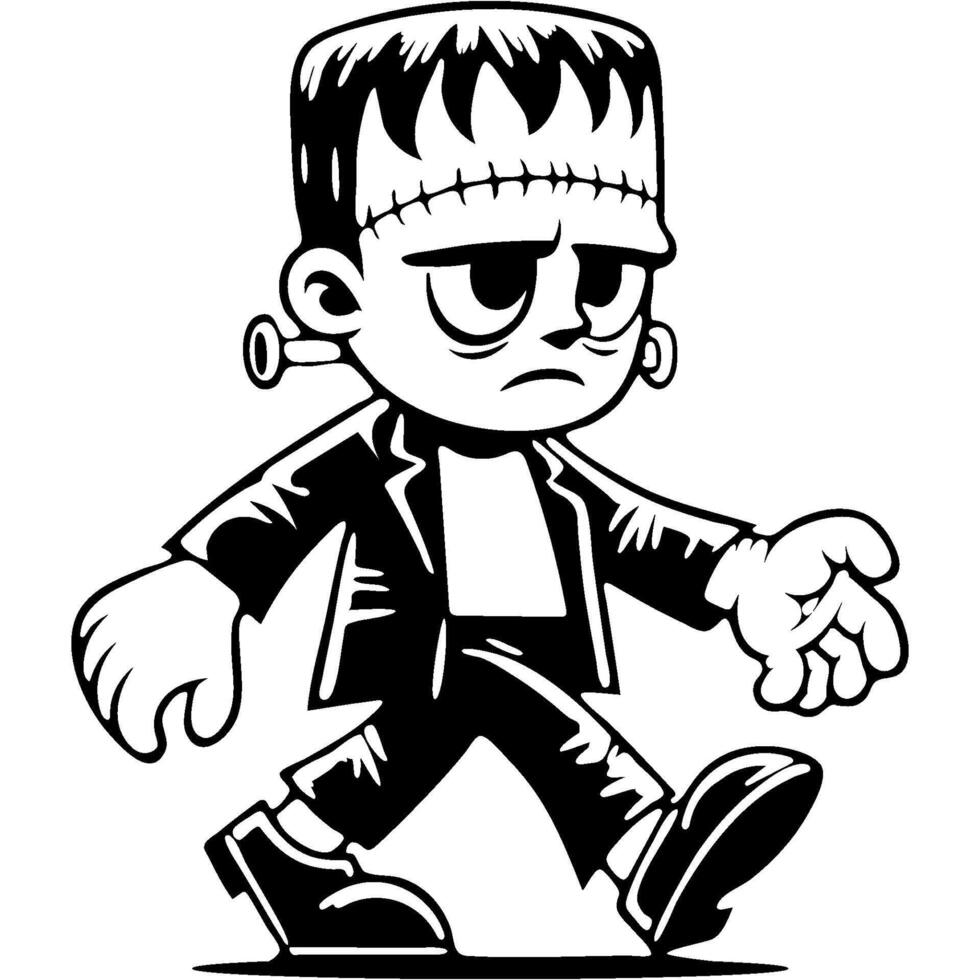 Zombie test subject resurrected by mad scientist walks with heavy gait in monochrome. Simple minimalistic in black ink drawing on white background vector