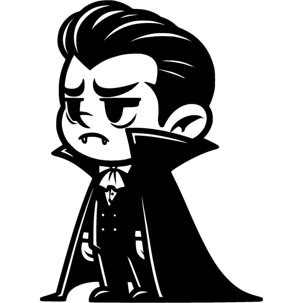 Little boy dressed in Halloween vampire costume standing with displeased expression in monochrome. Simple minimalistic in black ink drawing on white background vector
